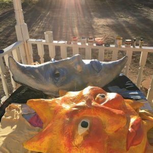 Sun and Moon giant puppet heads created by me for IAMusic, Durango Colorado 2019
